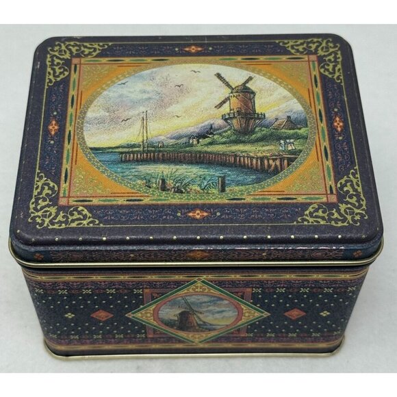 Unknown Other - Vintage Square Tin Box Dutch Windmill Blue Gold Accents Lid Cottagecore Storage
